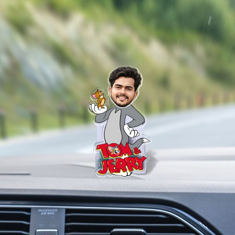 Personalized Tom & Jerry Cartoon Theme Funny Face Caricature Birthday Return Gift for Kids, Girls & Boys Solar Powered Moving Head for Car Dashboard & Table Decor